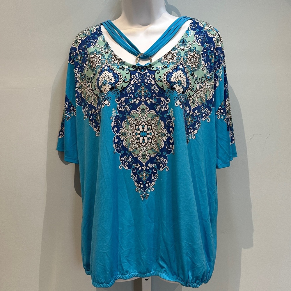 JM Collection Blue Paisley Blouse Large